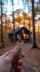 Close-Up of Hand Holding a Key with Blurred Cabin in Forest Background Ownership Concept