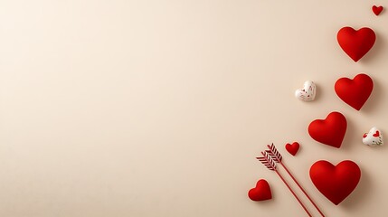 A whimsical flat lay of Cupid’s arrow and heart-themed decorations, arranged with a clear space for Valentine’s Day messages.