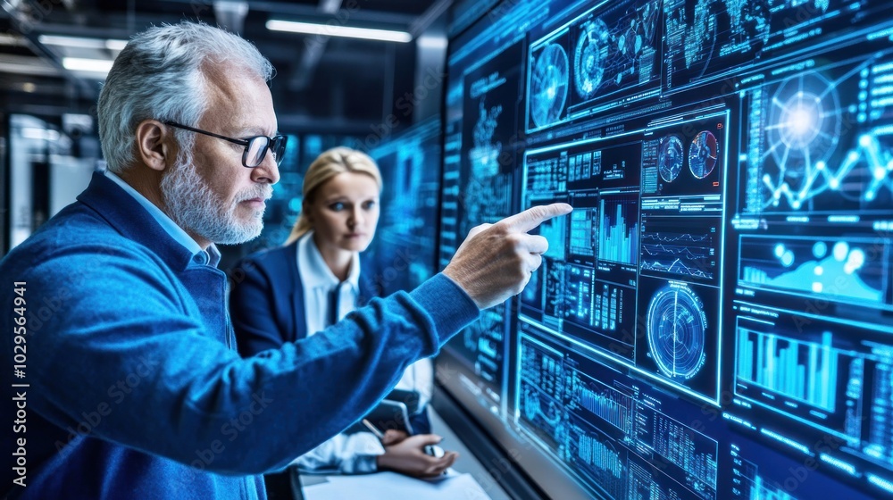 Poster Man Pointing at Digital Data Display with a Female Colleague