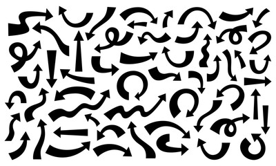 Set of black arrows with tapered tip and wide base of different shapes and sizes with clear, neat, even edges in doodle style. Vector illustration on white isolated background.