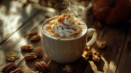 Hot pecan latte with whipped cream and spices, rustic autumn setting with pecans and leaves.