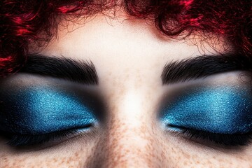 Vivid blue eyeshadow on freckled skin with red curly hair close-up