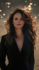 Gorgeous woman with wild, flowing hair, radiating confidence and elegance, framed by sparkling lights.