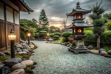 Obraz premium Serene Japanese Zen Garden Pathway with Stone Lanterns and Pagoda at Dusk for Tranquil Spaces