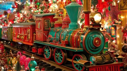 Fototapeta premium A Red and Green Toy Train Surrounded by Christmas Decorations