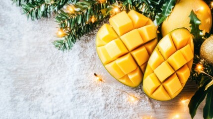 Festive mango delight: fresh fruit amidst holiday decorations and winter magic
