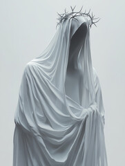 Solitary figure enshrouded in white, crowned with thorns, evoking spiritual mystery and solemnity.