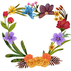 Illustration of a heart shaped watercolor wreath with an arrangement of petals and leaves