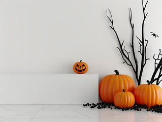 Halloween podium, white wall, pumpkins, black branches on right, minimal 3D design, banner.