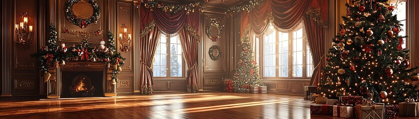 A beautifully decorated Christmas room with a fireplace, festive tree, and elegant furnishings, perfect for holiday celebrations.