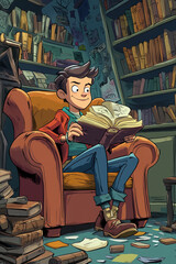 Cartoon boy reading a book in a cozy chair surrounded by shelves in a library