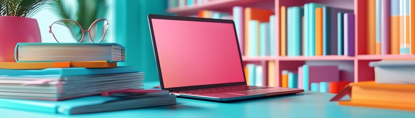 A stylish workspace featuring a laptop, colorful books, and a modern shelf, perfect for enhancing creativity and productivity.