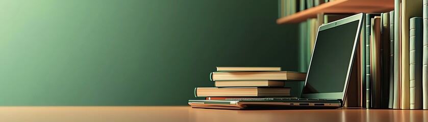 A cozy workspace featuring a laptop and stacked books on a wooden desk, perfect for studying or working from home.