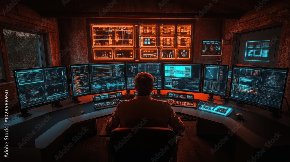 Aufkleber Man Sitting in a Dark Room with Multiple Computer Monitors Displaying Data