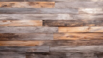 Naklejka premium Rustic Layered Wooden Panels, Mixed Brown Planks, Weathered Timber, Horizontal Layout, Minimalist Background, Natural Wood Texture, Copy Space for Text, Warm Decor, Indoor Design