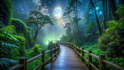 Serene Night Walk on Boardwalk Through Cloud Forest After Rainfall