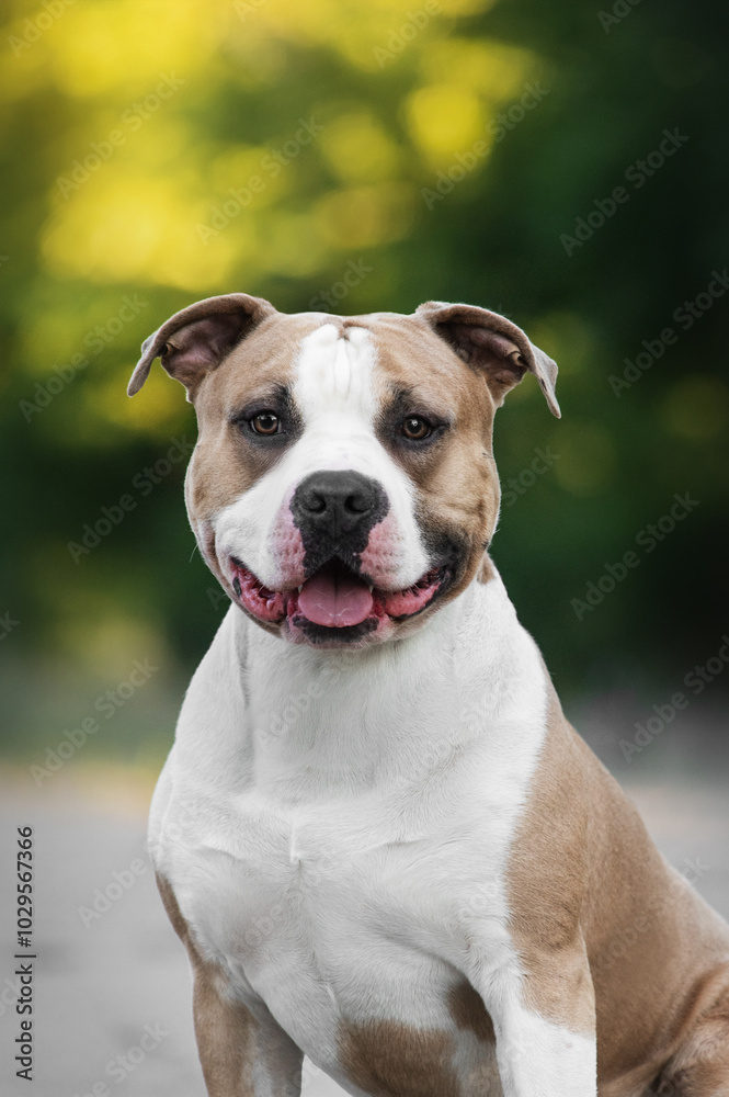 Poster portrait of an American Staffordshire terrier dog on a natural green background, walking in the park