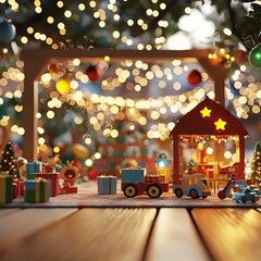 A cozy holiday scene featuring toy trains, colorful gifts, and sparkling lights, perfect for festive celebrations and joyful moments.