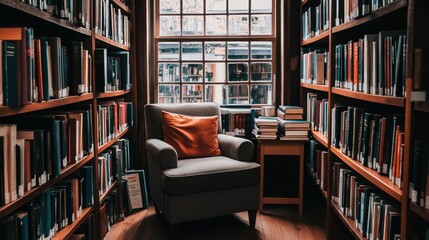 A cozy armchair sits in a library with a window and bookshelves filled with books.