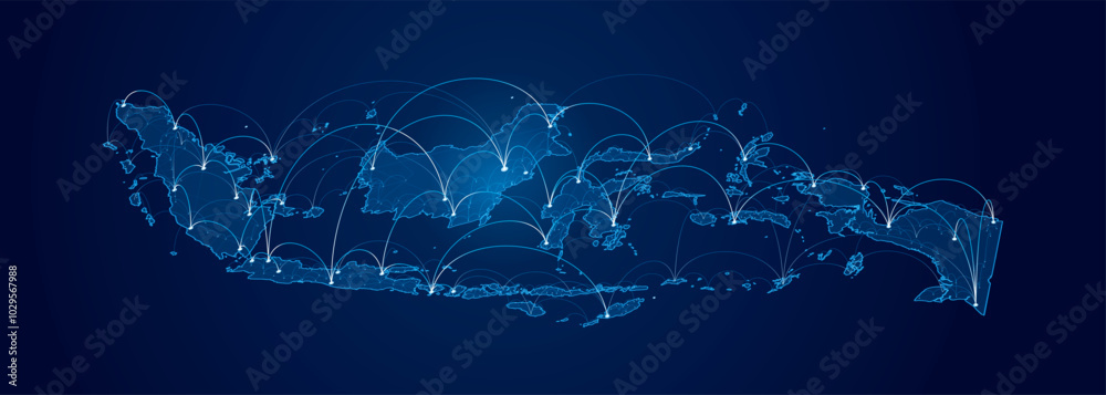 Wall mural perspective indonesia network connection glowing on a blue background. point and curve line connecti