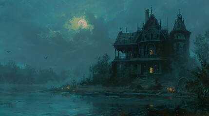 Obraz premium A haunted house surrounded by pumpkins and fog under the moonlight,...
