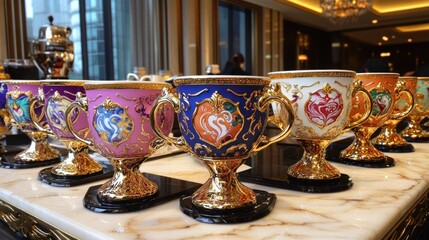 Fototapeta premium Ornate Gold-Trimmed Cups on Marble Surface