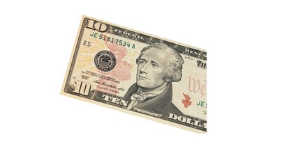 Ten American Dollars banknote isolated on white background.