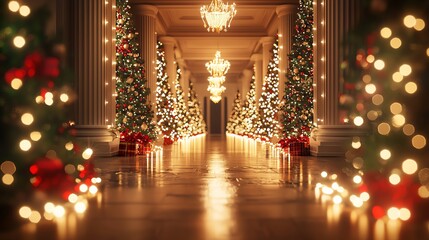 A beautifully decorated hallway adorned with Christmas trees and sparkling lights, creating a warm holiday ambiance.