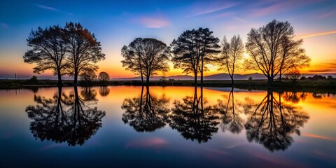 Fototapeta premium Serene Silhouette of Trees Reflected on a Calm River at Dusk