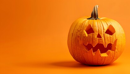 Halloween pumpkin, orange backdrop, carved face, banner design, copy space area.