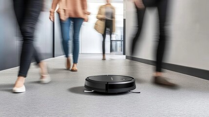 Fototapeta premium Robot Vacuum Cleaner in Motion Blurred Hallway