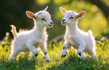 Obraz premium Two white goats playing in the grass. Two little babies, cute friends.