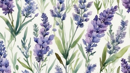 Obraz premium Watercolor pattern of lavender flowers with green leaves on a soft background