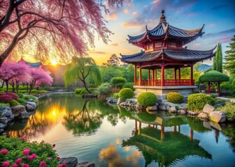 Obraz premium Serene Urban Backyard Chinese Garden with Tranquil Pond and Lush Foliage