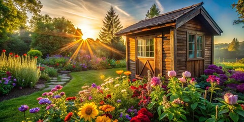 Fototapeta premium Serene Wooden Summerhouse in a Tranquil Morning Garden - Ideal Landscape Photography