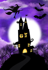 Spooky Haunted House with Flying Witch and Bats Under Full Moon