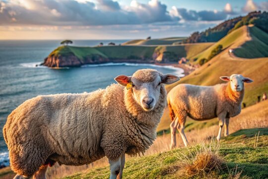 Sheep Grazing on Coastal Hills in Duder Regional Park, Auckland - Serene Landscape Photography