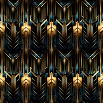 Art Deco geometry, metallic sheen, elegant light, 1920s style, luxurious mood, sharp lines. Seamless pattern, background.