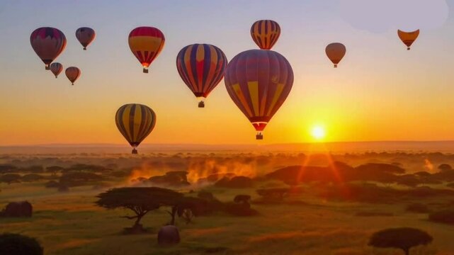 Air balloons during sunrise above Masai Mara in Kenya High quality HD 4K video Clip