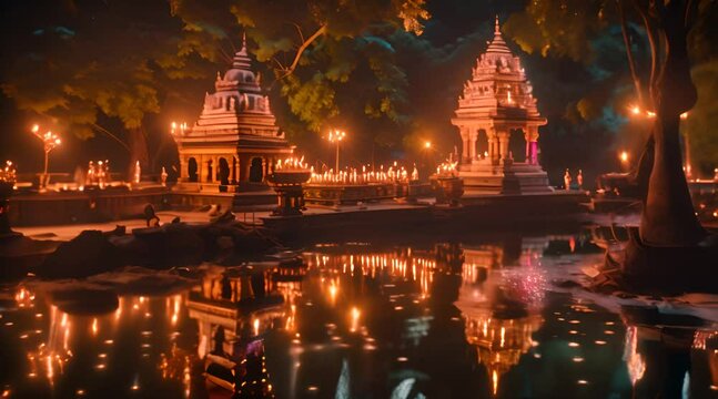 Diwali festival, beautifully illuminated ancient temples at night, with reflections on a tranquil water body, creating a serene ambiance.