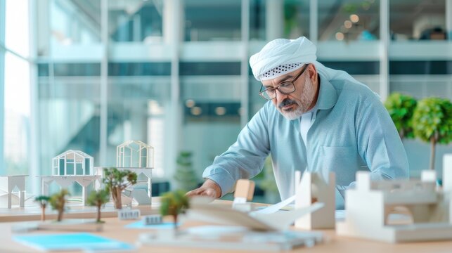 Architectural model presentation in a modern office setting, focusing on urban planning, design, and innovation by a professional.