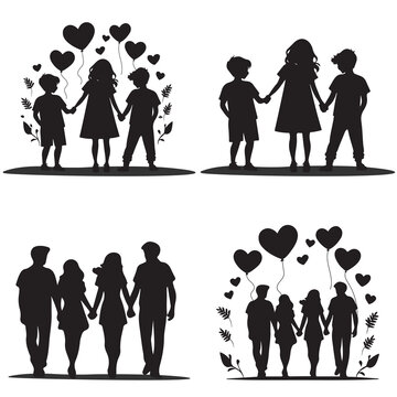 Symbolic Silhouette of Friendship and Love with Heart Balloons