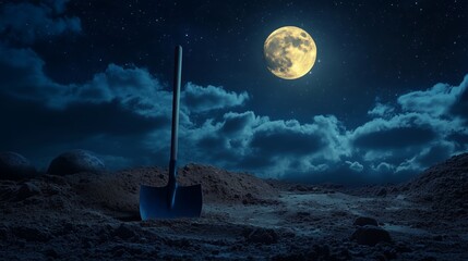 A shovel stands upright in a moonlit landscape under a starry sky at night, hinting at a mysterious dig