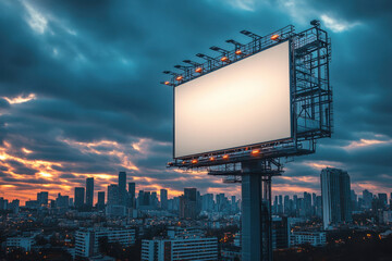 Illuminated Billboard Overlooking City at Dusk
