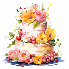 Beautiful Watercolor Wedding Cake Illustration with Floral and Berry Decorations