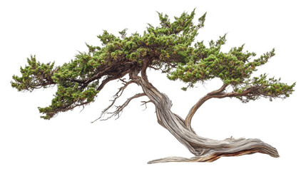 A solitary, windswept cedar tree with a distinct, twisted trunk, set against a transparent background, showcasing natural resilience and beauty.