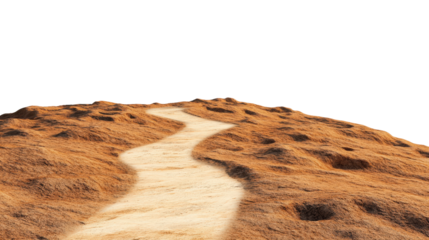 A winding path cuts through arid, dry landscape, surrounded by brown, barren terrain, under a clear sky. Ideal summer or desert theme.