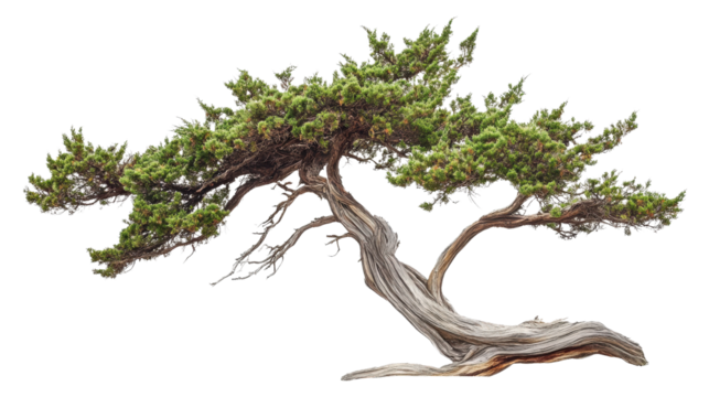 A solitary, windswept cedar tree with a distinct, twisted trunk, set against a transparent background, showcasing natural resilience and beauty.