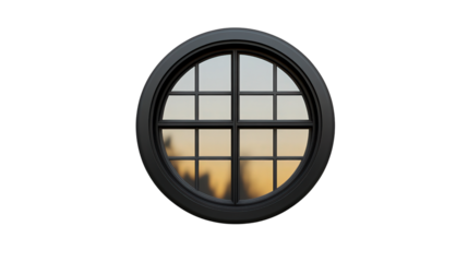 Circular window reflecting a serene sunset, offering a warm view framed by black metal, evoking tranquility and architectural elegance.
