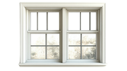 Fototapeta premium Classic double-pane window frame with six panes, showcasing elegant transparent border and natural light ambiance against a neutral background.